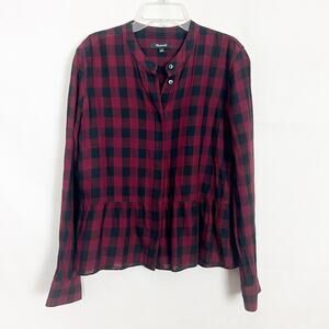 Madewell Cotton Linen Check Print Ruffle Hem Top Size Medium